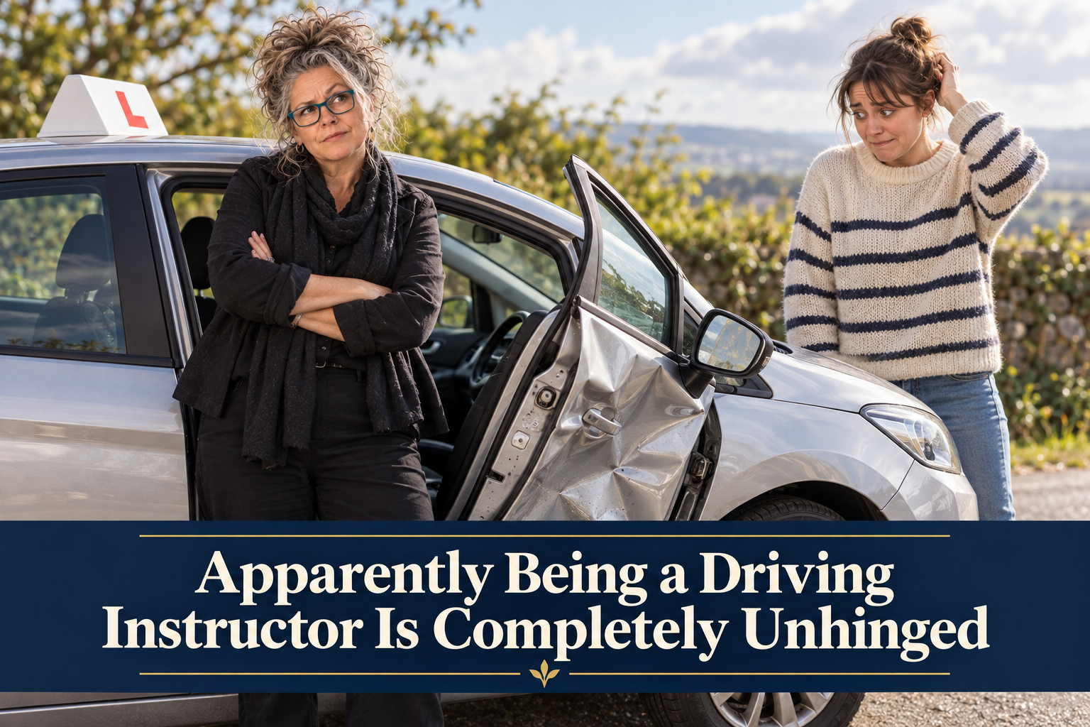 Emma Marnie as an unimpressed driving instructor beside a learner car with its door blown forwards