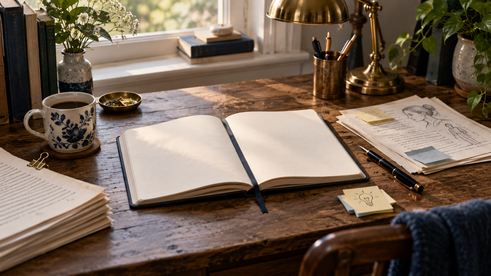A notebook, story notes and manuscript pages on a warm writing desk