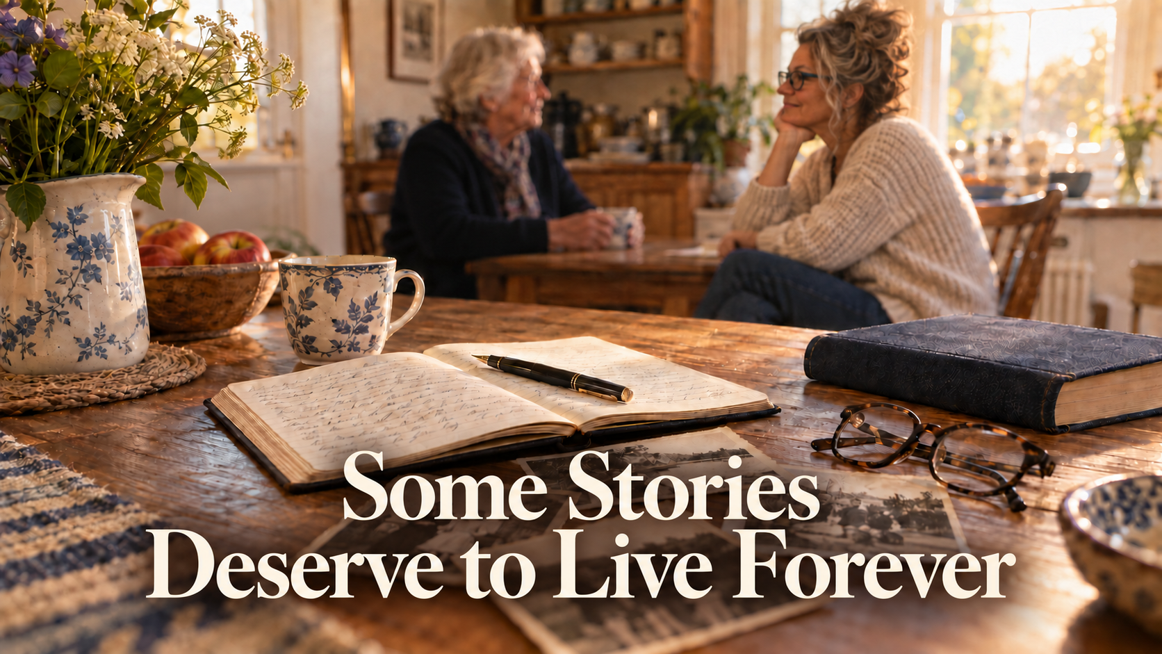 Emma listening to an older woman beside notebooks and old family photographs