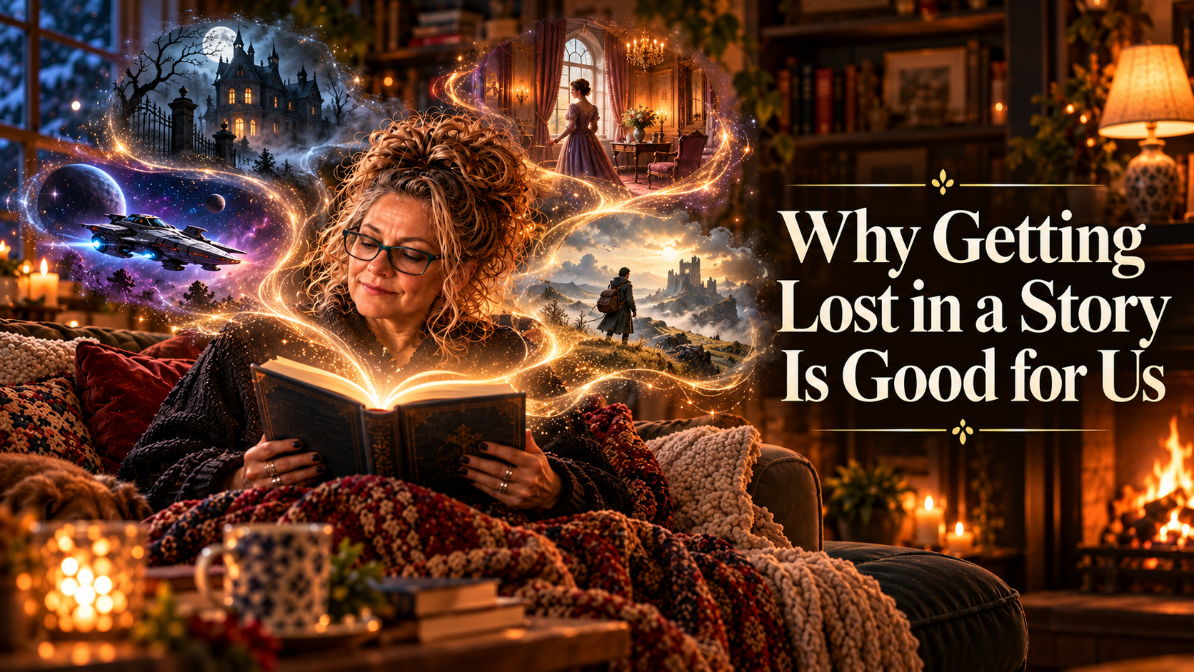 Emma Marnie reading on a cosy sofa as imagined story worlds rise from her open book, beneath the article title