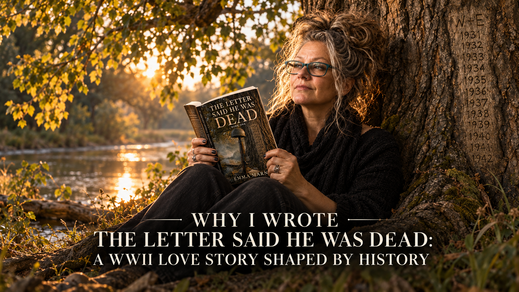 Emma Marnie sitting beneath Will and Evie's tree with The Letter Said He Was Dead in her hands